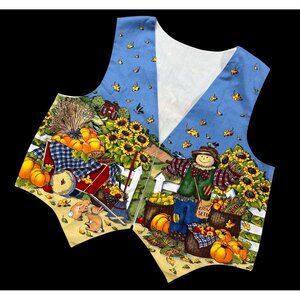 Vintage Vest 1990s Scarecrow Harvest Fall Cotton Handmade Thanksgiving Kitschy